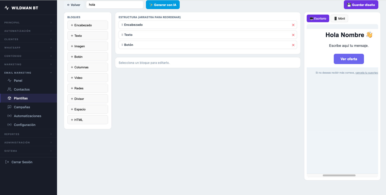 Editor de Email marketing arrastrar y soltar con IA